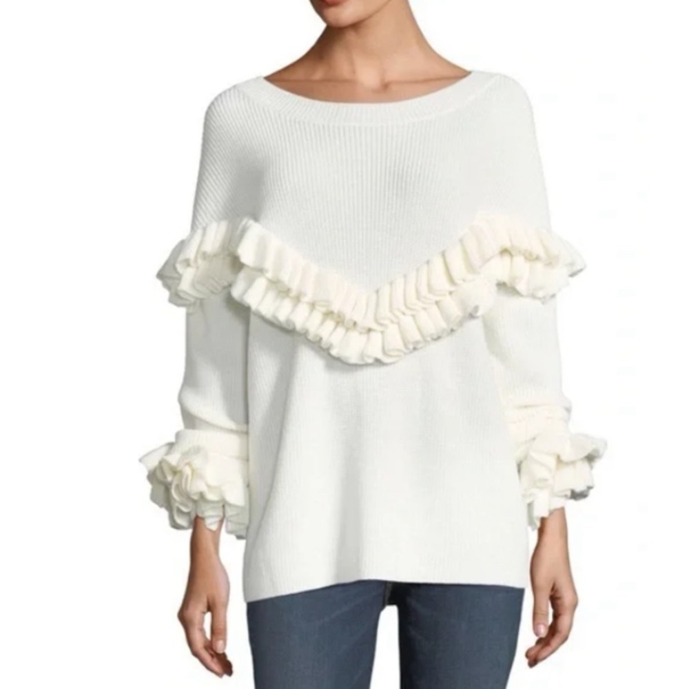 Frame Ruffle Yoke Ribbed Wool Blend Cream Knit Pullover Sweater
